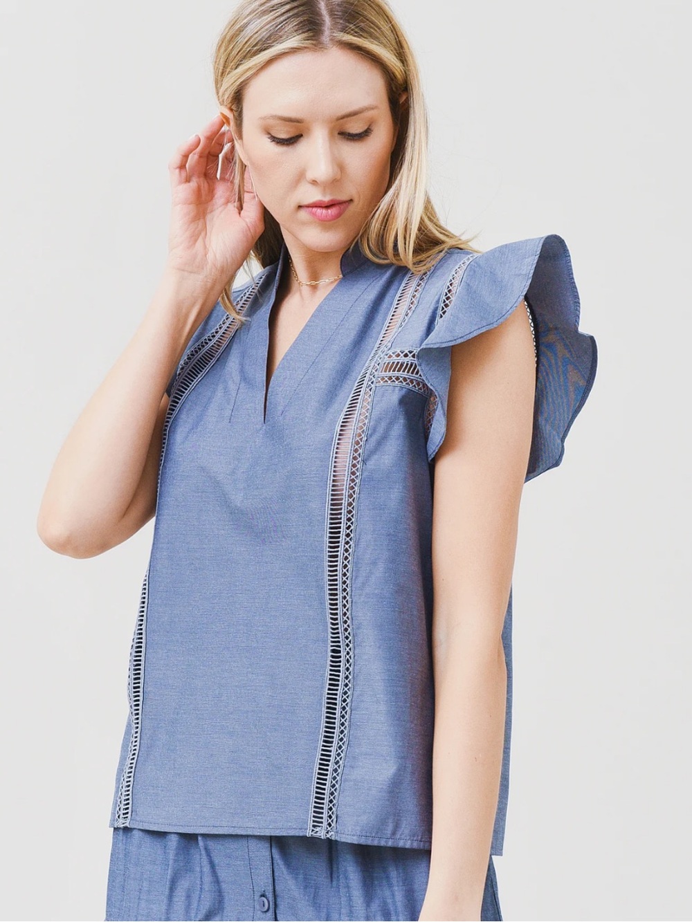 Brochu Walker Chambray Flutter Sleeve V-Neck Camisole in Blue